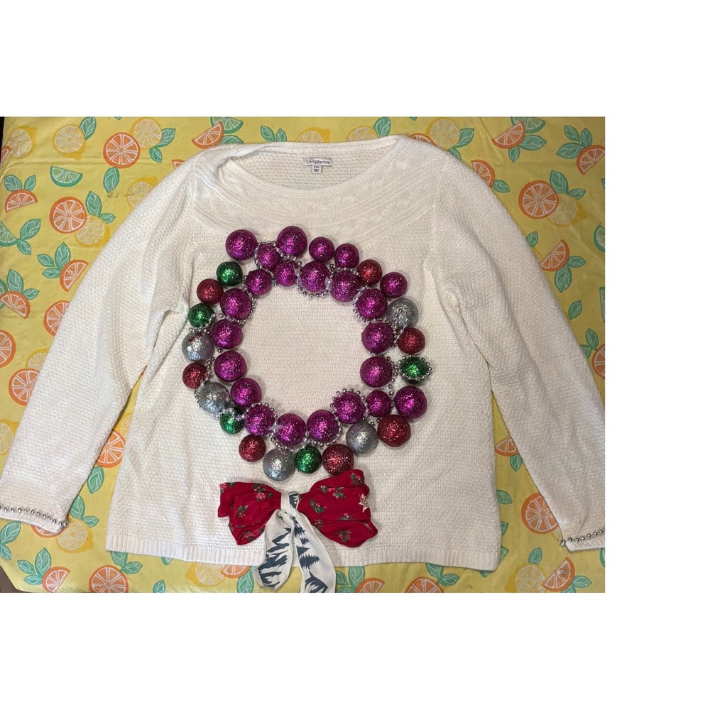 Ugly Christmas Women Croft & Barrow 3D Ornament Wreath Sweater XXL Cream